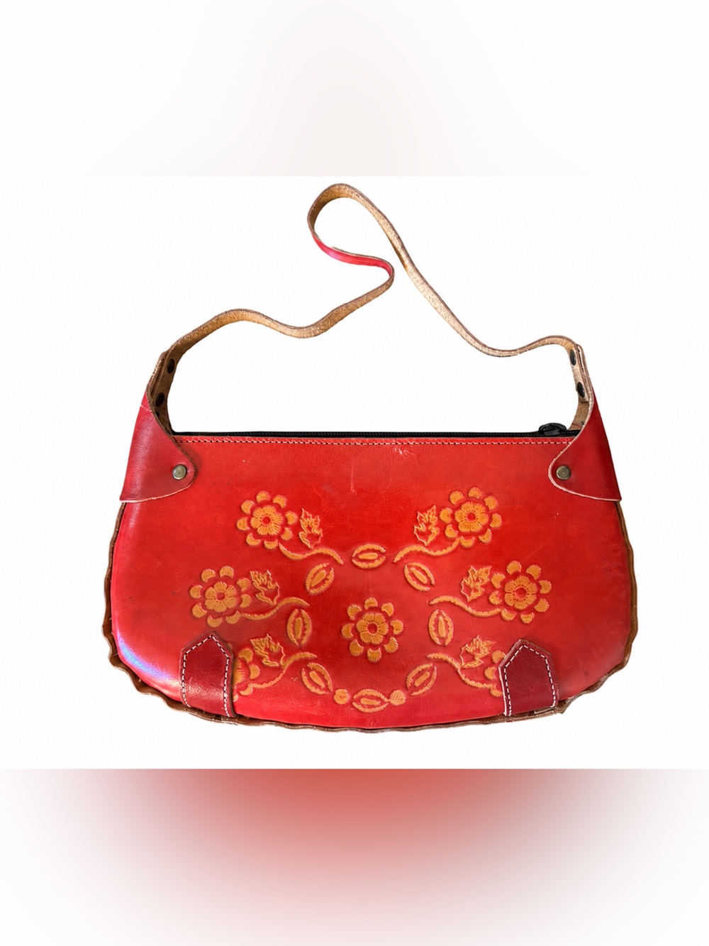 Red Embossed Floral Leather Shoulder Bag Artisan Boho Purse - Picture 1 of 3